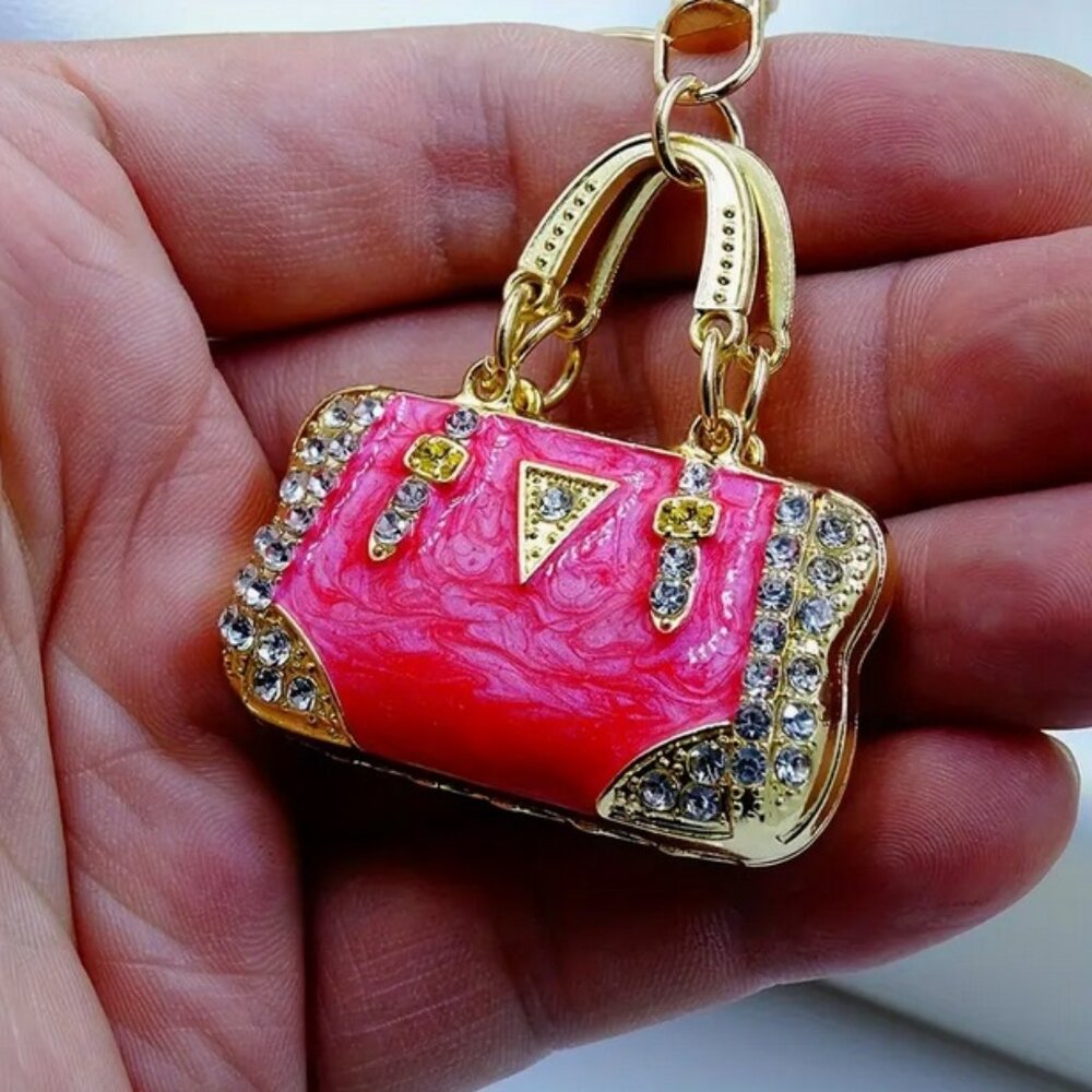 NWT Pink Faux Handbag Purse Shaped Zipper Pull Key Chain Keychain Rhinestones